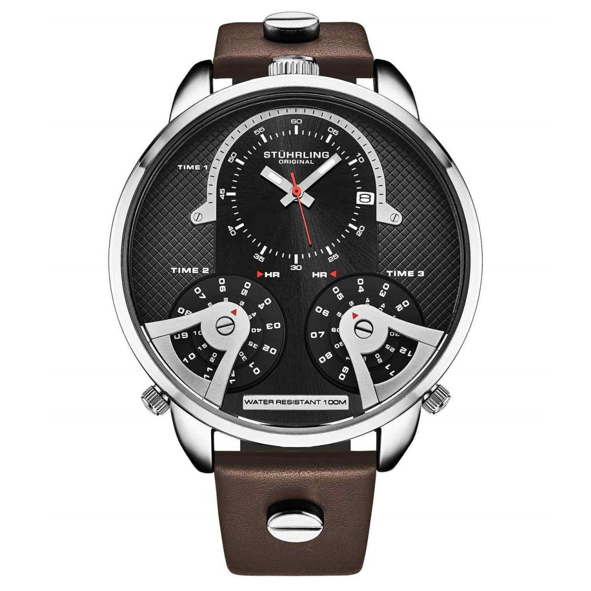 Stuhrling 4051 1 Terratime Triple Time Quartz Brown Leather Strap Mens Watch