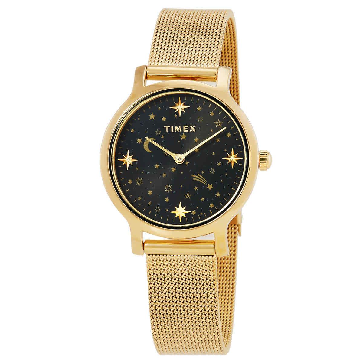 Timex Celestial Transcend Quartz Black Dial Ladies Watch TW2W21500 - Dial: Black, Band: Gold-tone, Bezel: Gold-tone