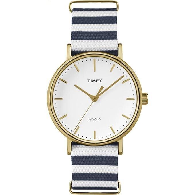 Timex TW2P91900 Unisex Weekender Fairfield Mid-size Blue/white Fabric Band Watch - Dial: White, Band: Blue, White, Bezel: Gold