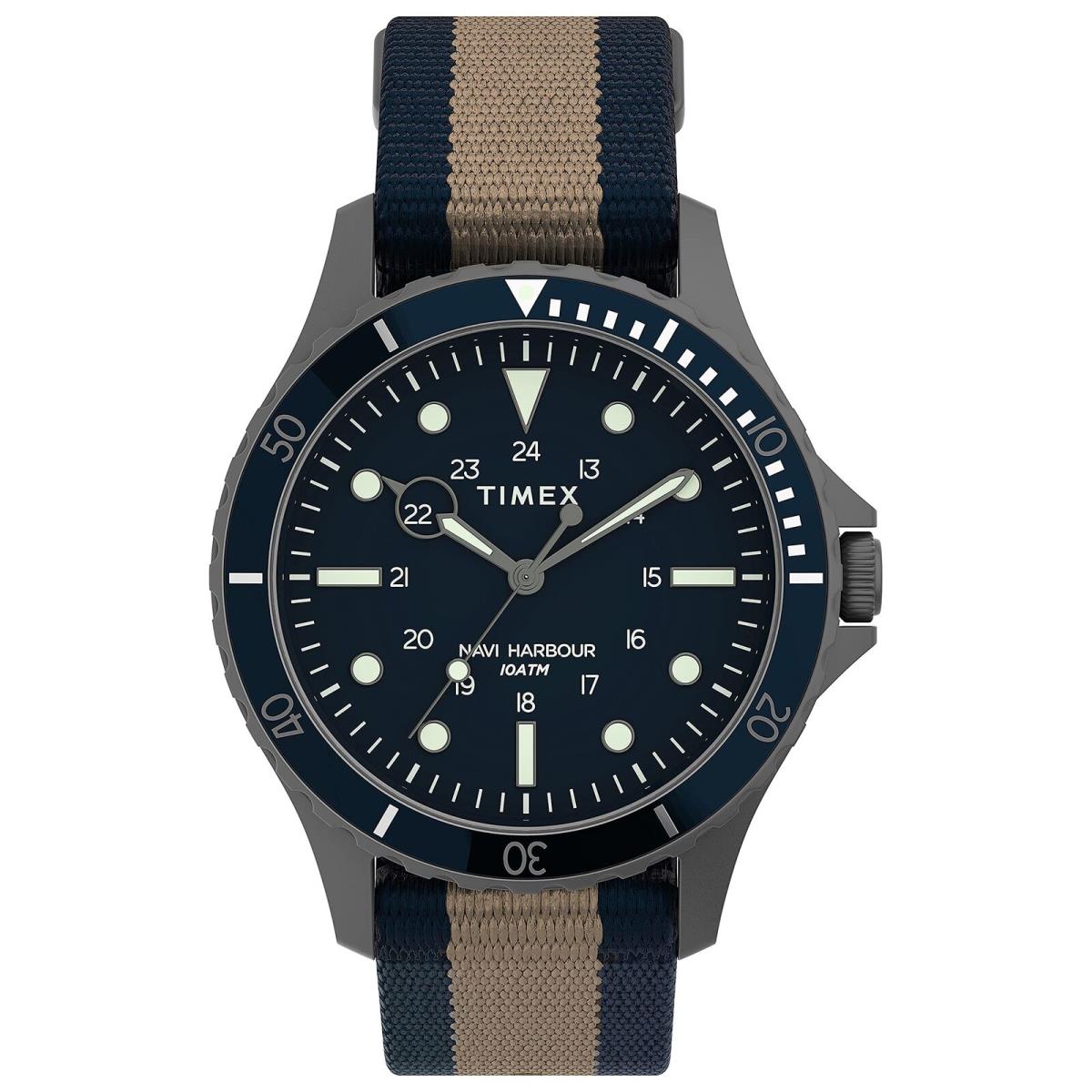 Timex Navi XL 41mm Gray Case Blue Dial Tan and Blue Fabric Strap