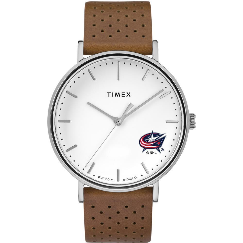 Womens Timex Columbus Blue Jackets Watch Bright Whites Leather