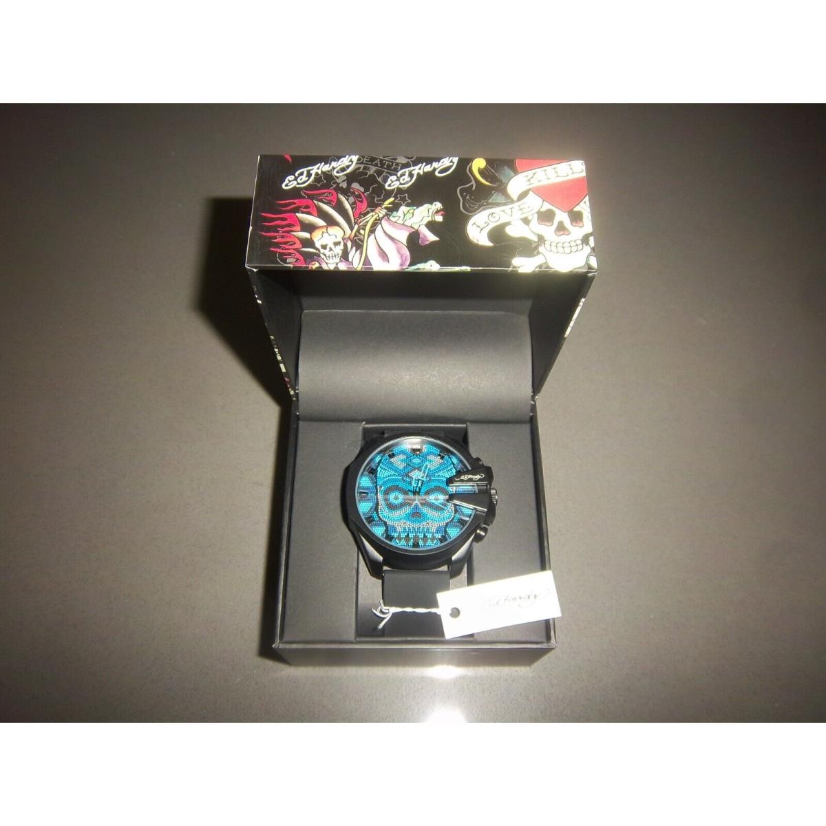 Mens ED Hardy Blue Skull Face/black Silicone Band Watch