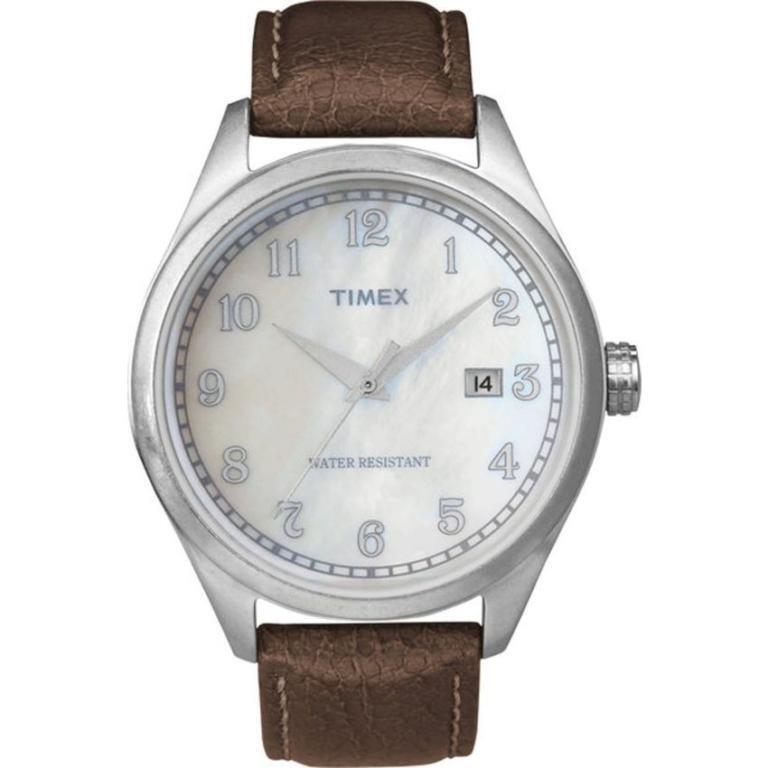 Timex Brown Leather White Mop Round Dial with Date WATCH-T2N410