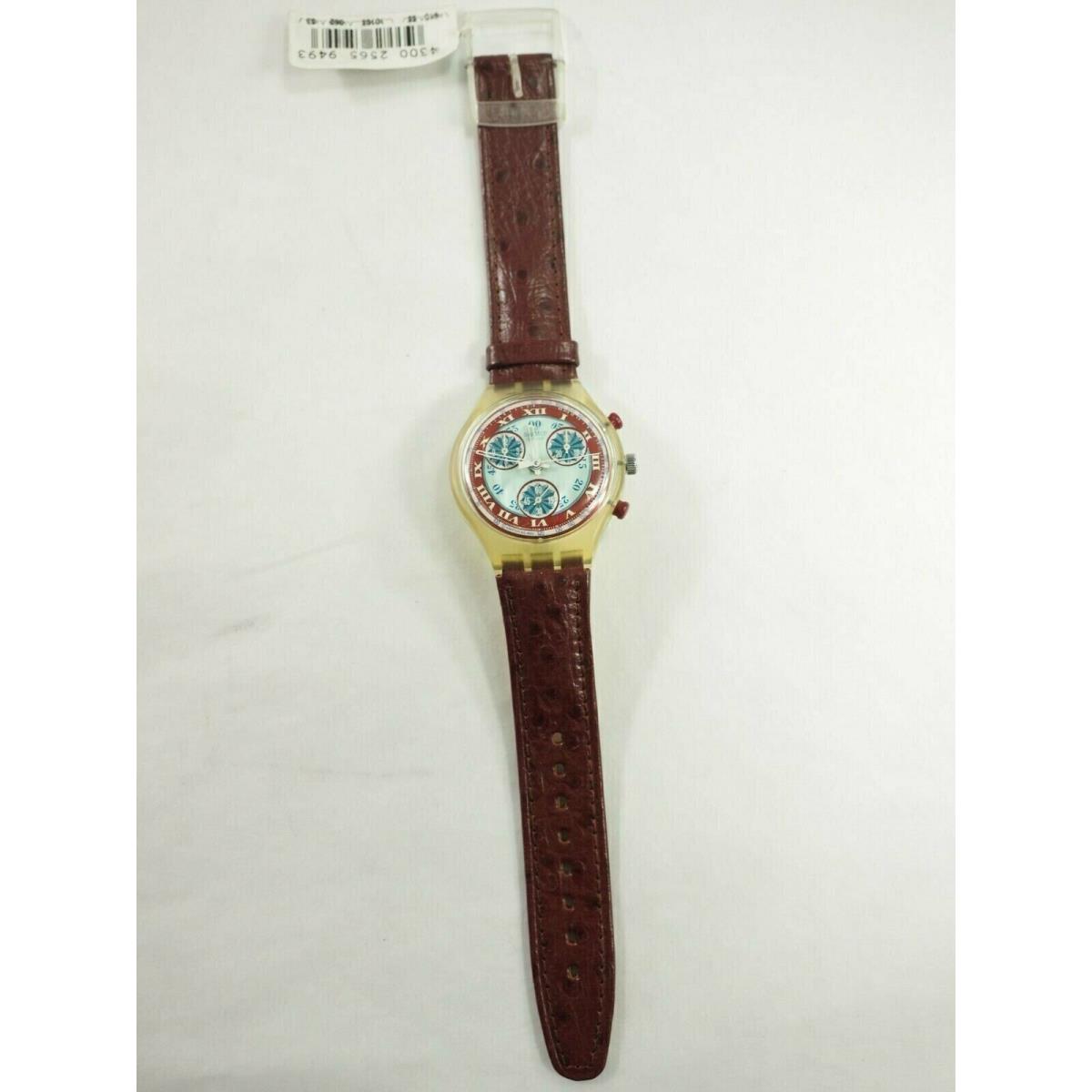 Swatch Watch Chronograph Brown Leather Band 22 Jewel 328 Case