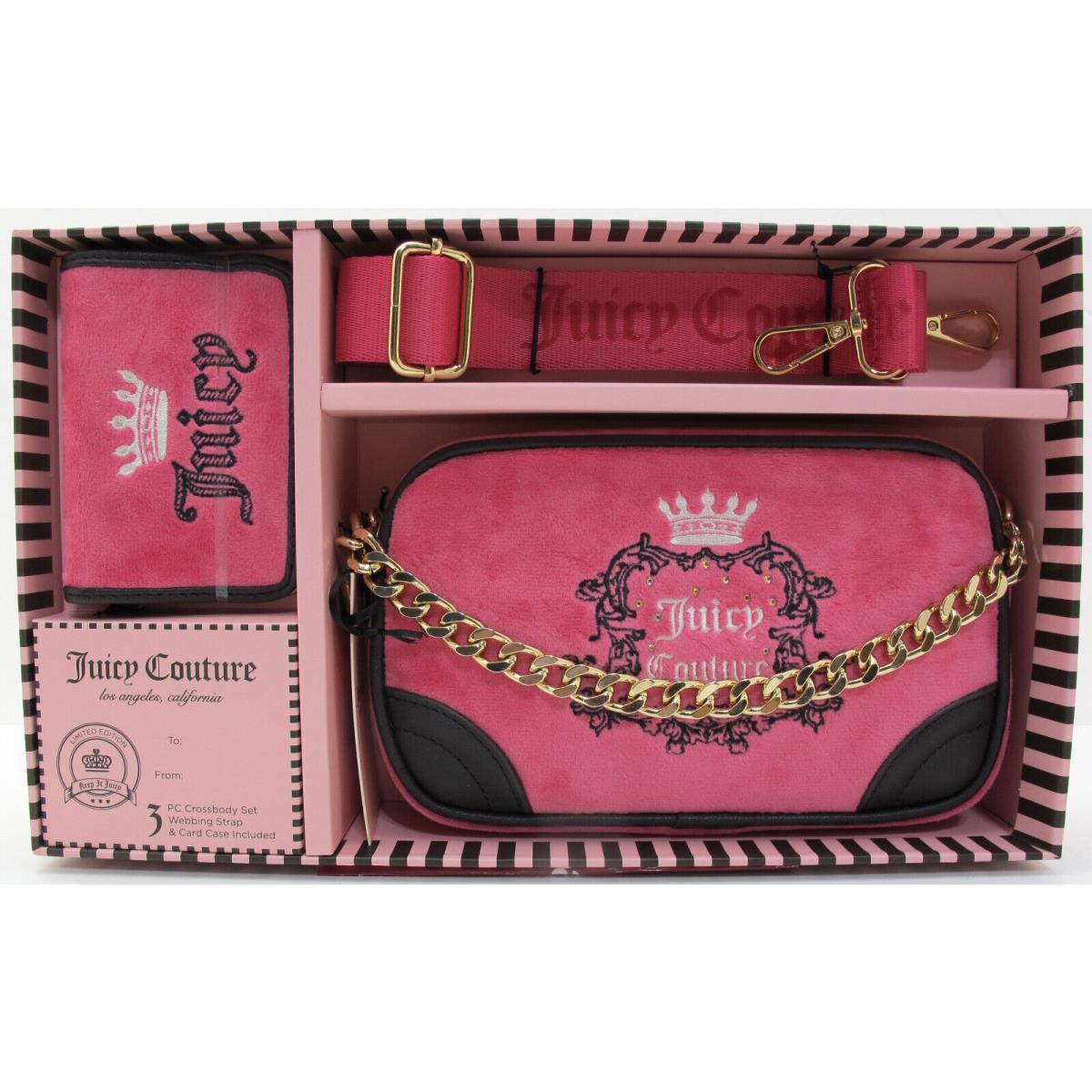 Juicy Couture 3PC Crossbody Gift Set Webbing Strap Card Case Free Love Pink