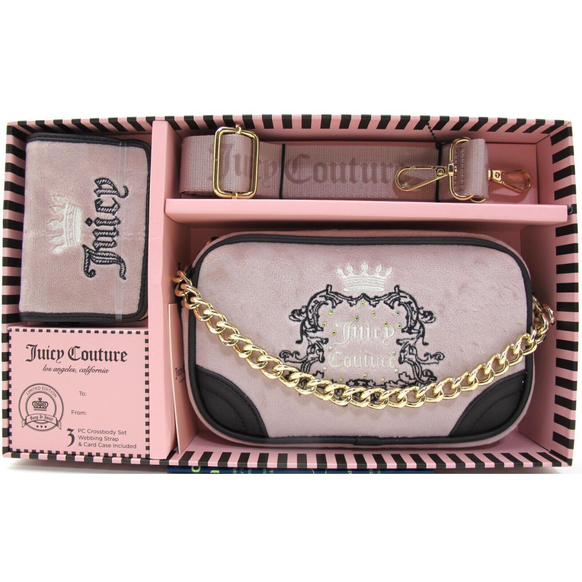 Juicy Couture 3 PC Crossbody Gift Set Webbing Strap Card Case Dusty Blush