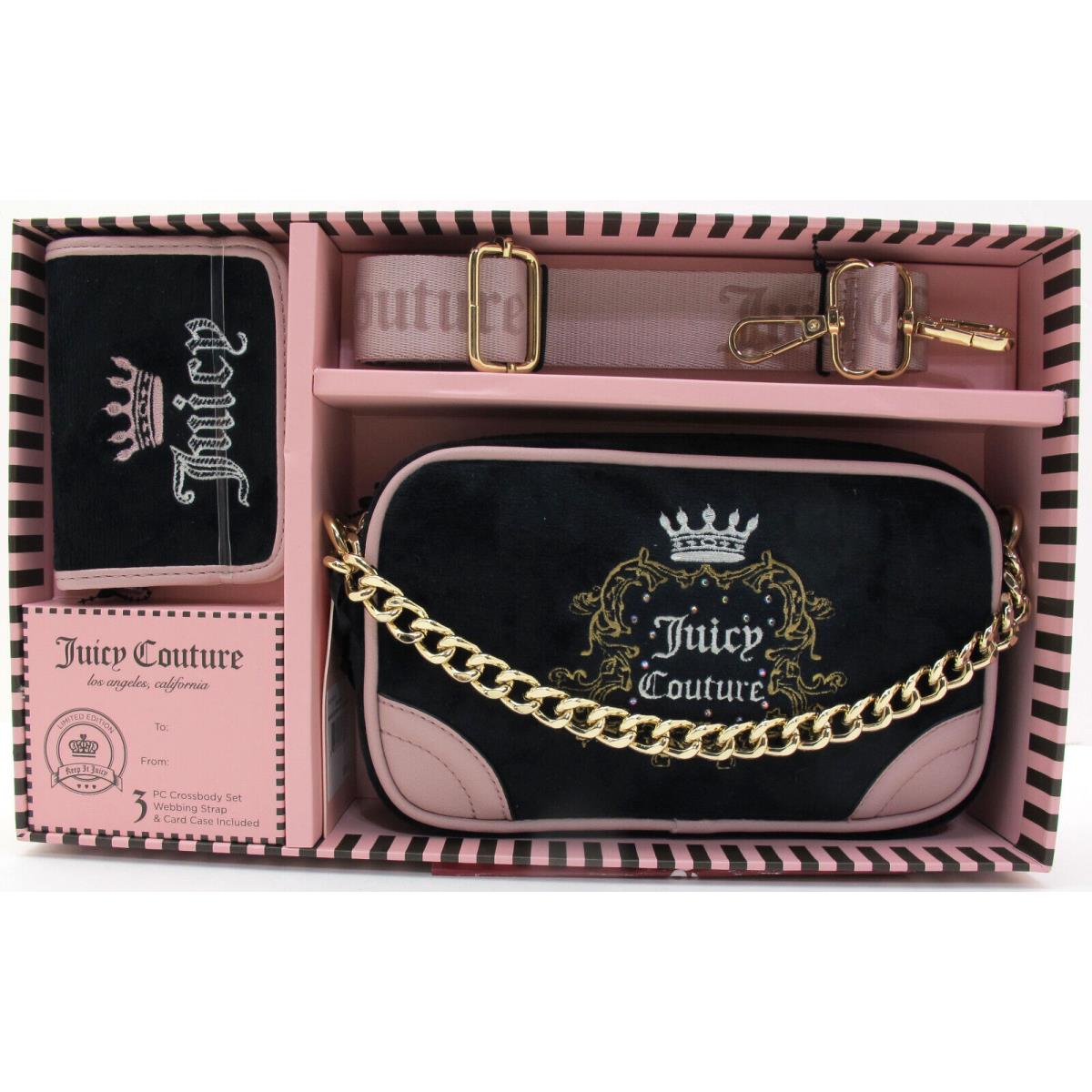 Juicy Couture 3PC Crossbody Gift Set Webbing Strap Card Case Liquorice Black