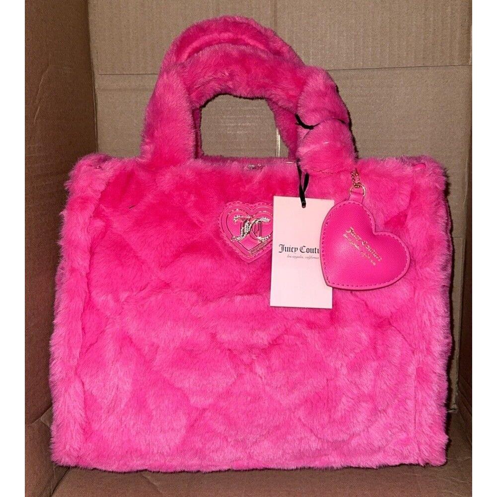 Juicy Couture Lets Get Cozy Fluffy Tote Shoulder Bag Purse Pink Heart Charm