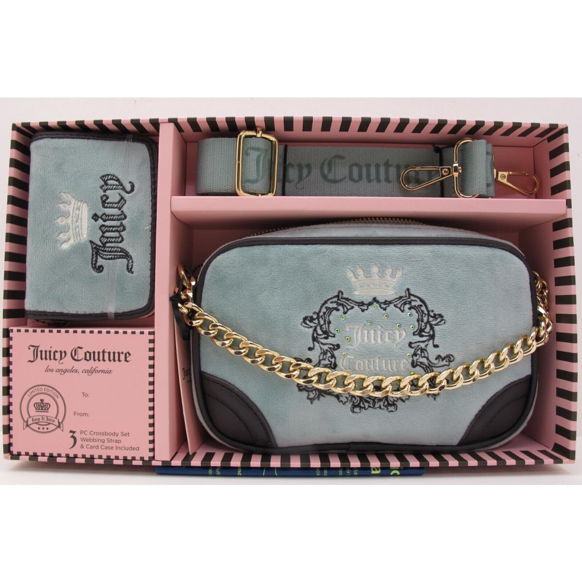 Juicy Couture 3PC Crossbody Gift Box Set Webbing Strap Card Case Cool Blue