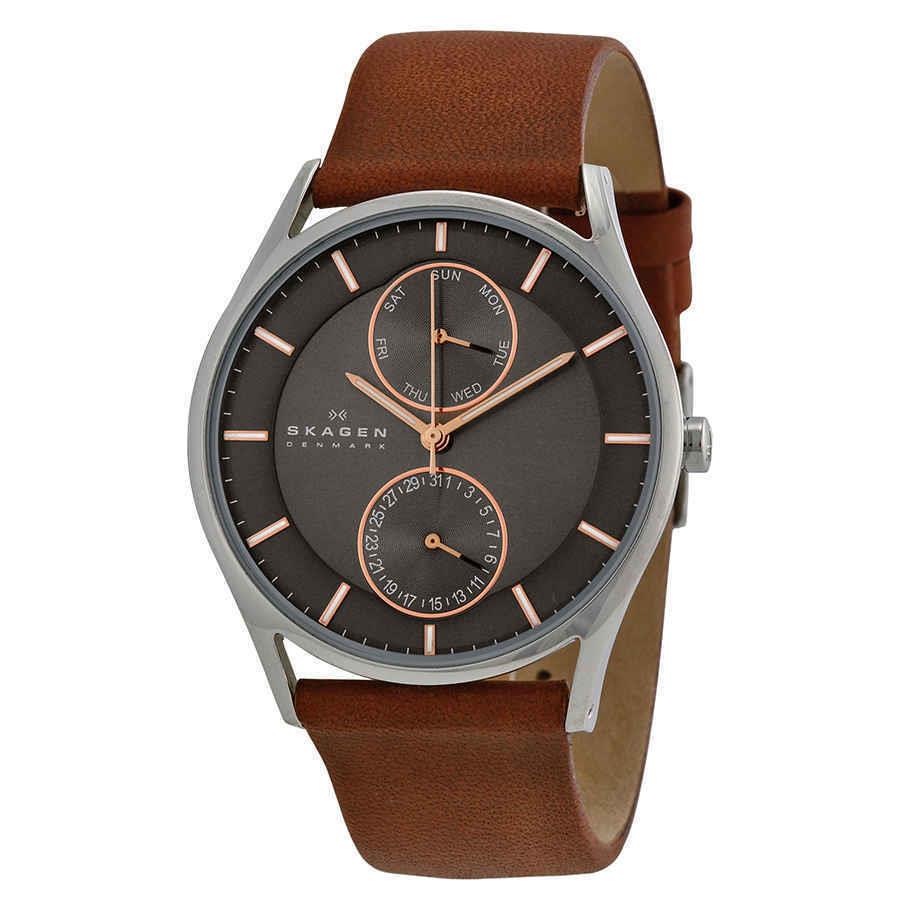 Skagen Holst Charcoal Dial Brown Leather Men`s Watch SKW6086 - Dial: Charcoal, Band: Brown, Bezel: Silver-tone