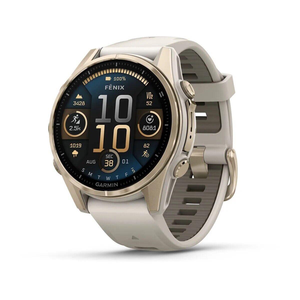 Garmin Fenix 8/E Premium Multisport Gps Smartwatch with Built-in Led Flashlight Soft Gold w Fog Gray