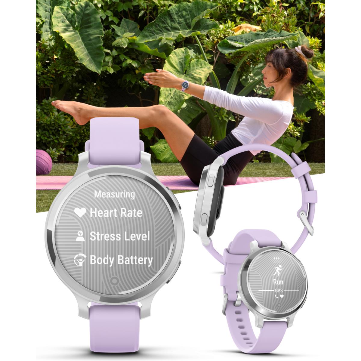 Garmin Lily 2 Active - 38 mm Woman`s Stylish Smartwatch Silver Purple Jasmine