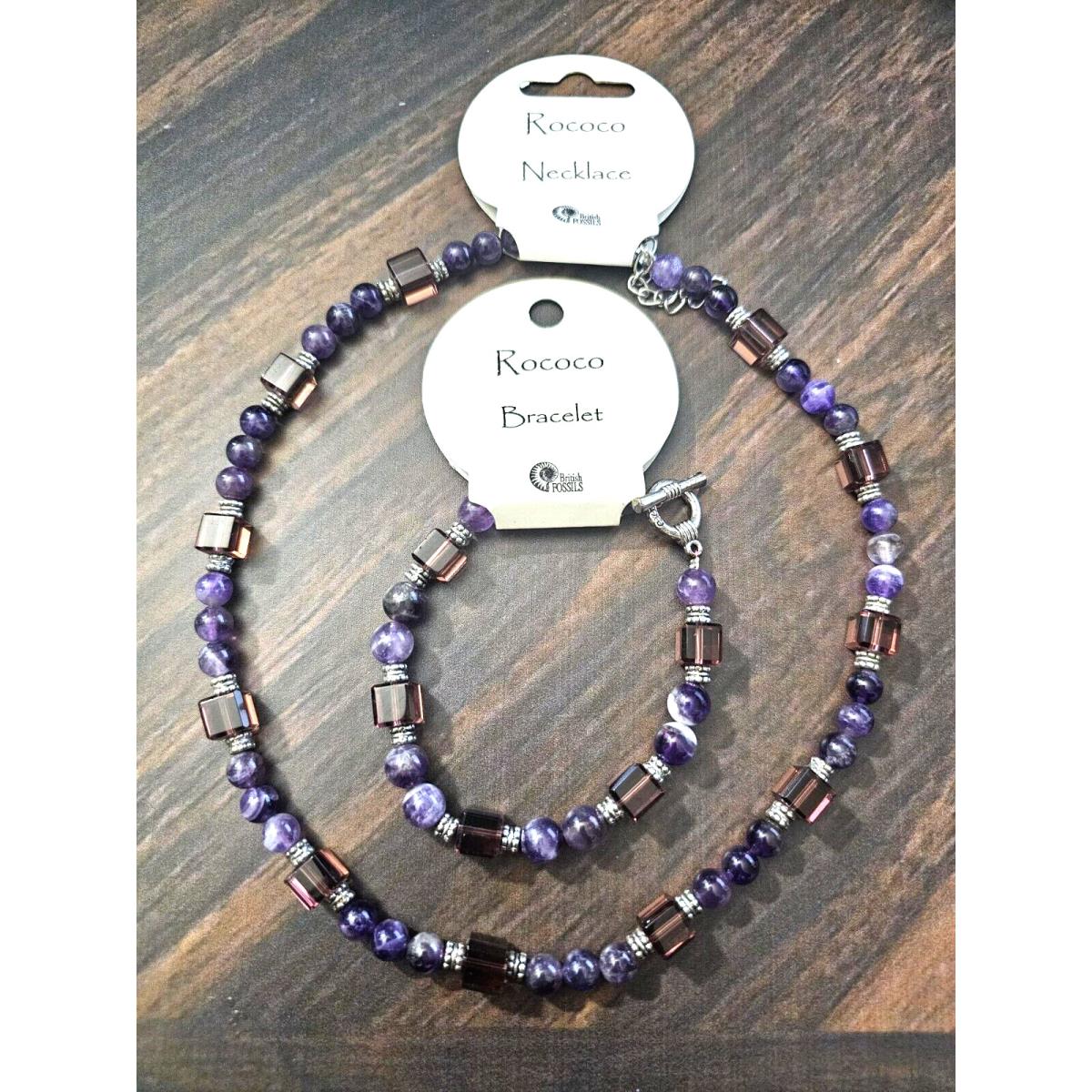 British Fossils Rococo Necklace Bracelet Set Natural Gemstones Amethyst