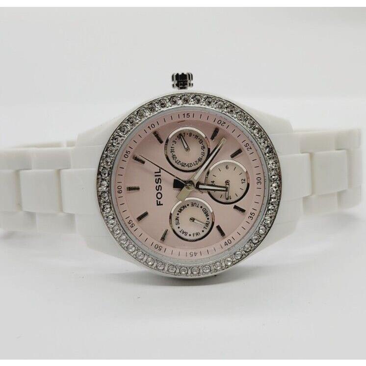 Fossil Watch ES1969 Women White Pink Silver Tone Pave Battery Crystal Accent