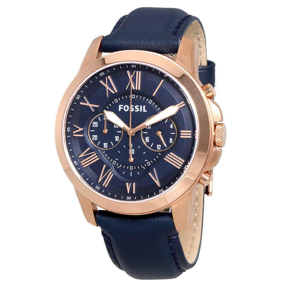 FSFS4835 Fossil Grant 2 Chronograph Leather Men`s Watch - Style /: Blue Band Gold Bezel