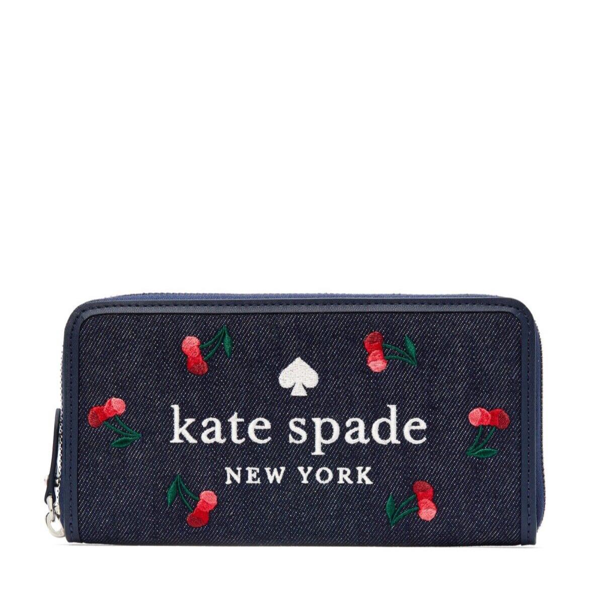 Kate Spade Ella Denim Large Cherry Continental Wallet Blue Multicolor K6151