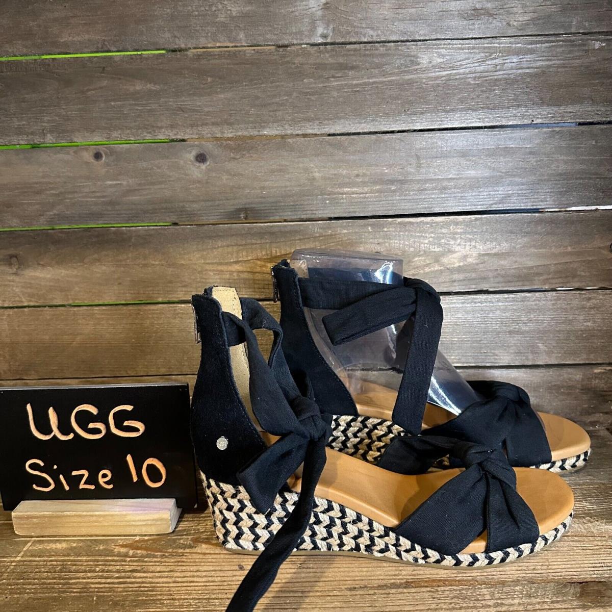 Womens Ugg Yarrow Black Canvas Wedge Ankle Strap Espadrille Sandals Size 10