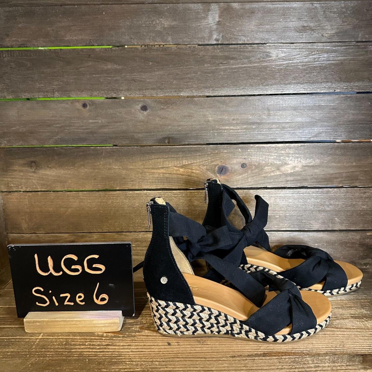 Womens Ugg Yarrow Black Canvas Wedge Ankle Strap Espadrille Sandals Size 6 M