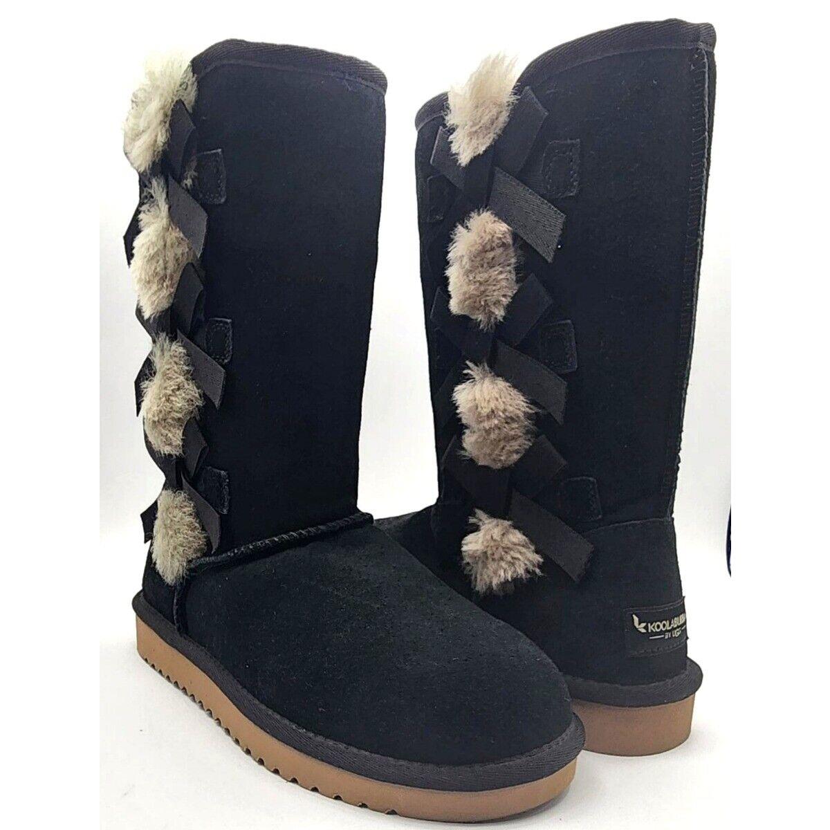 Ugg Koolaburra Victoria Tall Black Suede Shearling Fur Boot-bows Size 6