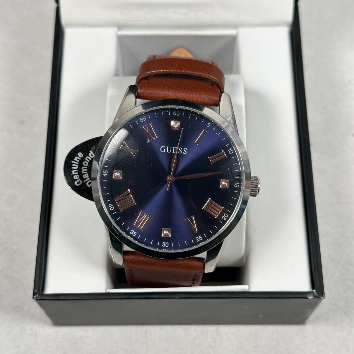 Guess Watch Mens 41mm Blue Dial Diamond Round Brown Leather Band