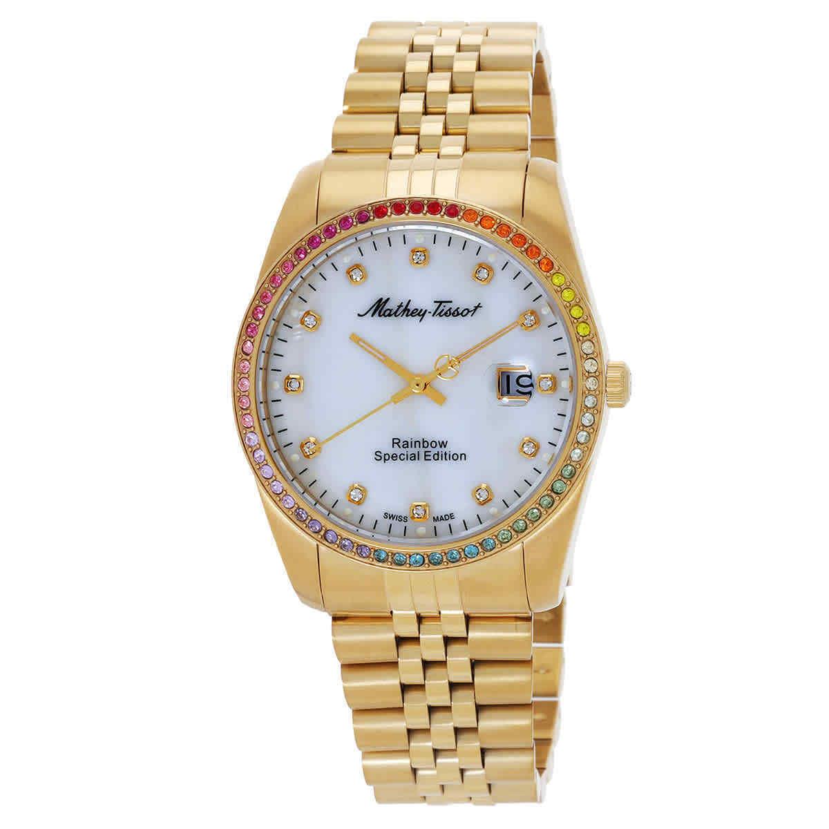 Mathey-tissot Mathy Rainbow Quartz White Dial Unisex Watch H809PQYI - Dial: White, Band: Yellow Gold-tone, Bezel: Yellow Gold-tone