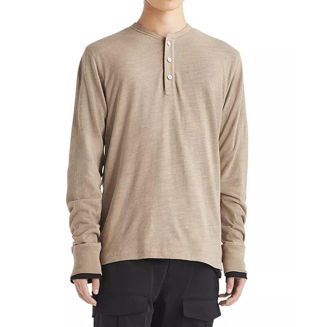 Rag Bone Men`s Long Sleeve Classic Henley Shirt Textured Cotton Taupe XL