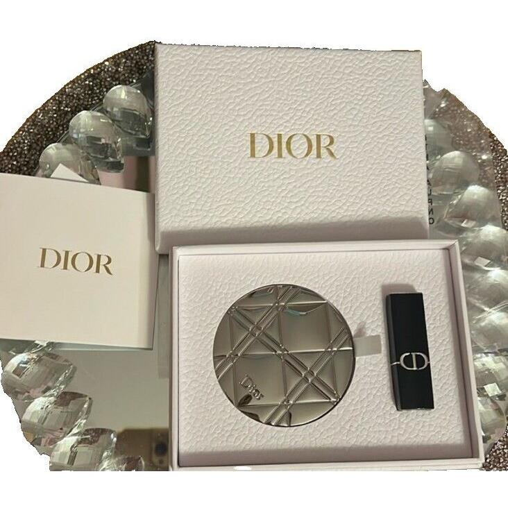 Dior Silver Cannage Metal Double Sided Mirror and Lipstick Set