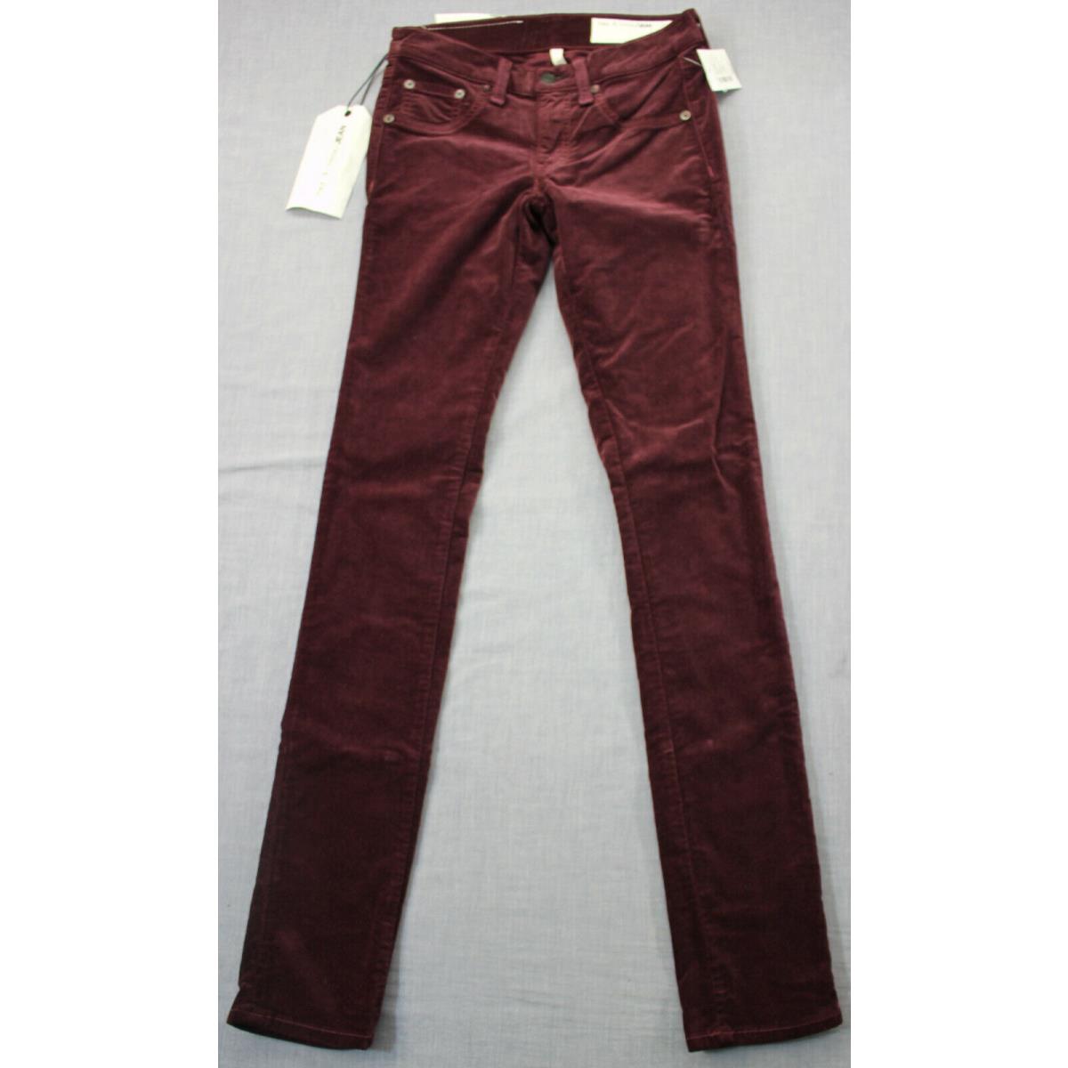 Rag Bone Made Usa Women Burgundy Red Velvet Skinny Jeans Sz 0 24 25x30