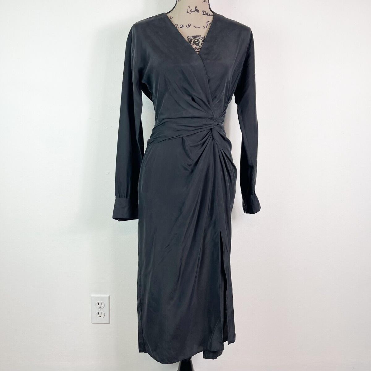 Rag Bone Black Amber Gathered Waist Long Sleeve Silk Midi Dress Size 2