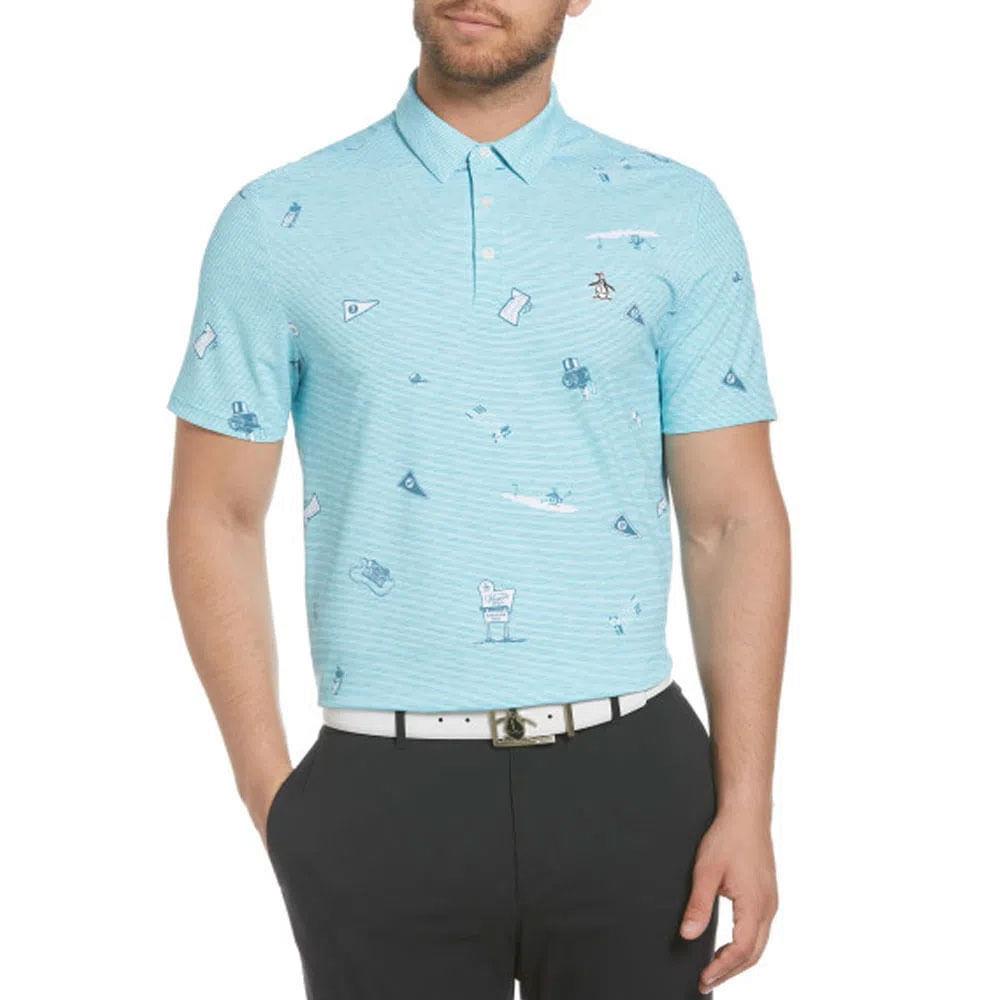 Men`s Penguin Allover Textured Mini Golf Print Polo - Bluebird MD