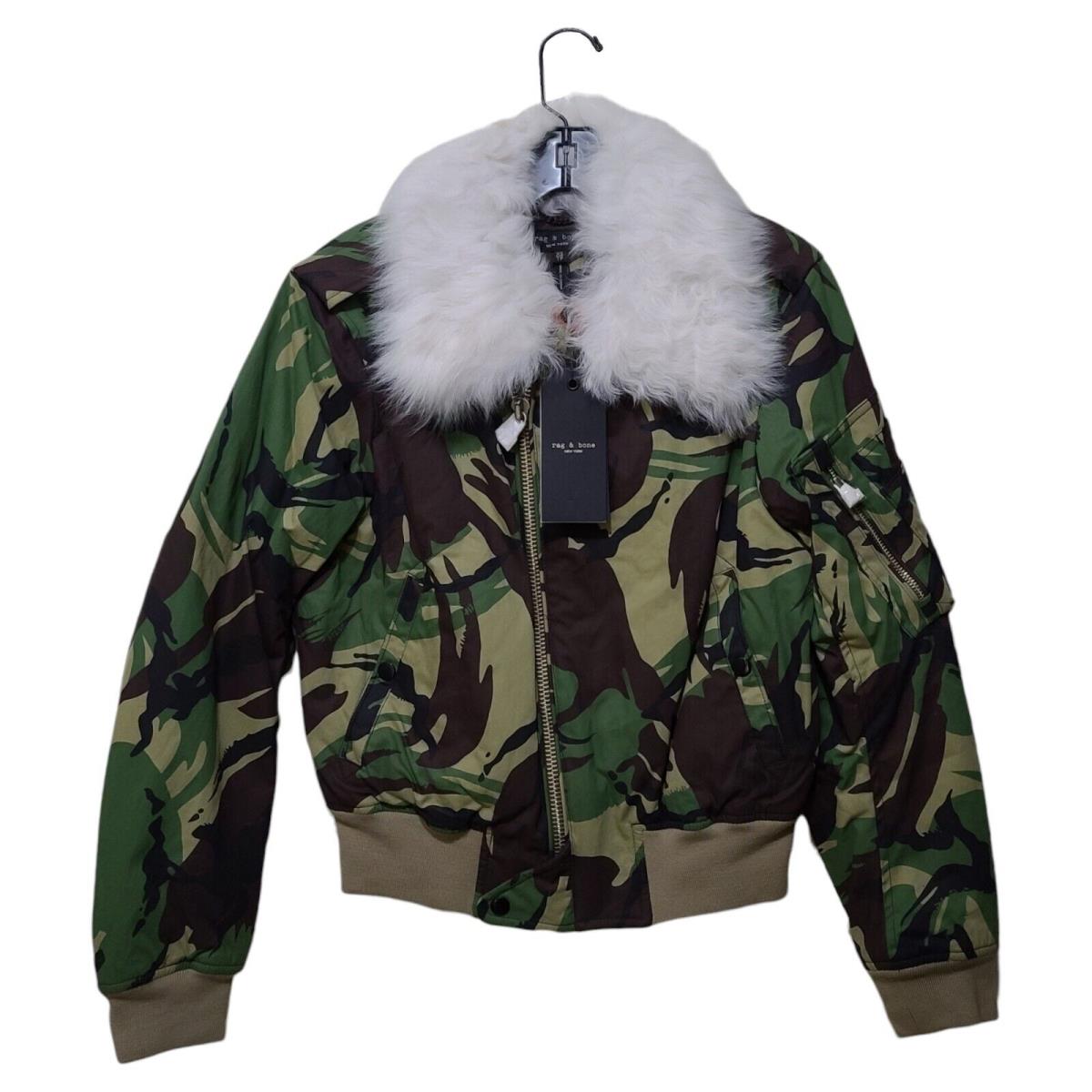 Rag Bone Camo Flight Bomber Jacket Lamb Shearling Collar Women`s XS