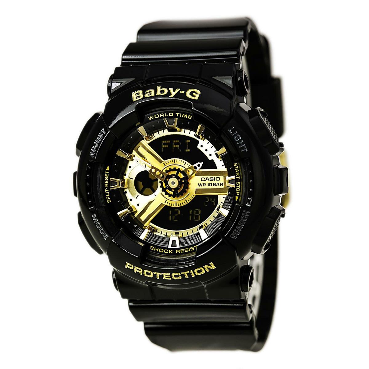 Casio Women`s Watch Baby-g Black and Gold Tone Dial Resin Strap BA110-1A