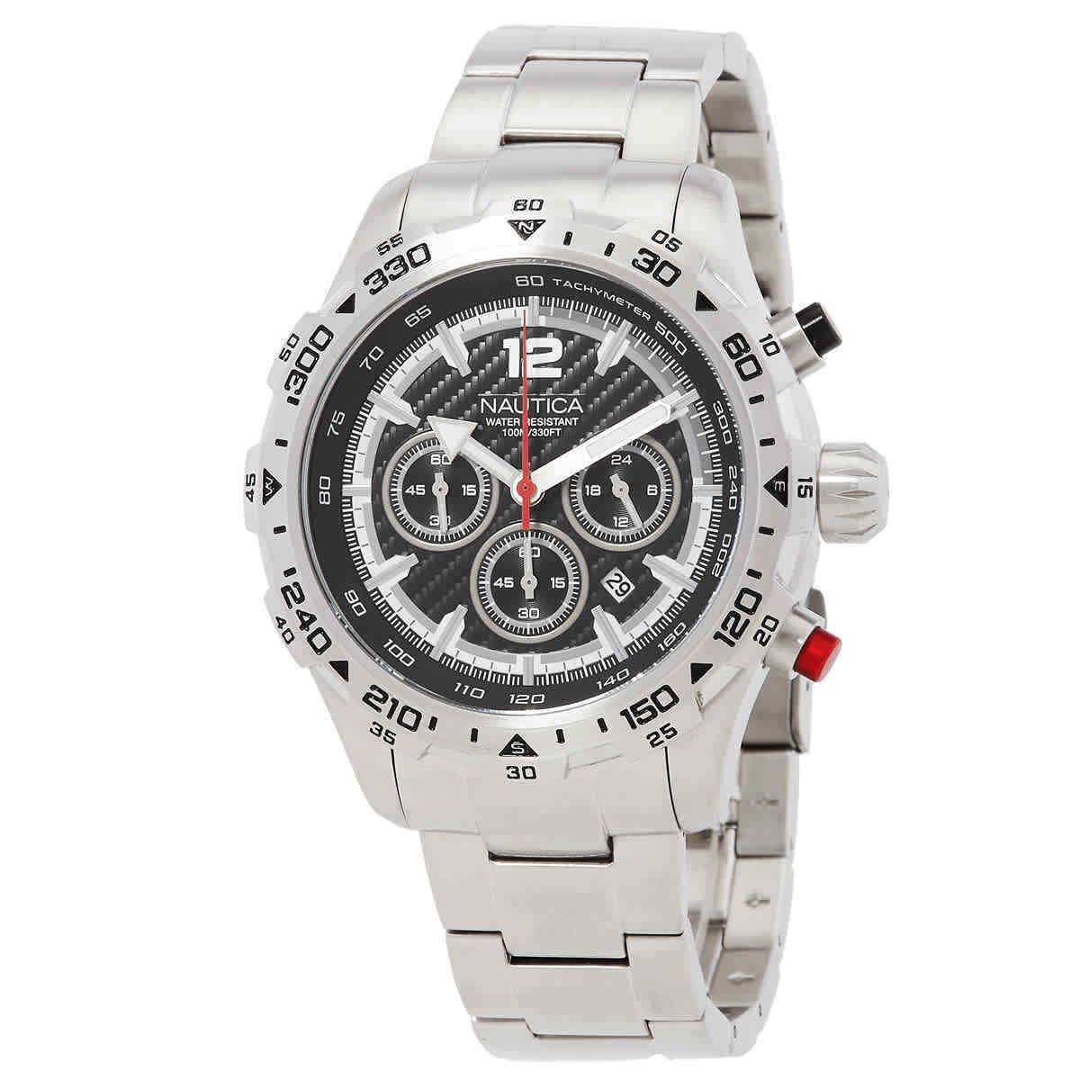 Nautica Nst Chronograph Quartz Black Dial Men`s Watch NAPNSS405 - Dial: Black, Band: Silver-tone, Bezel: Silver-tone