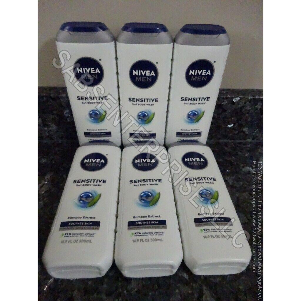 6 Nivea Men Sensitive 3in1 with Bamboo Extract Soothes Skin Body Wash 16.9 FL oz