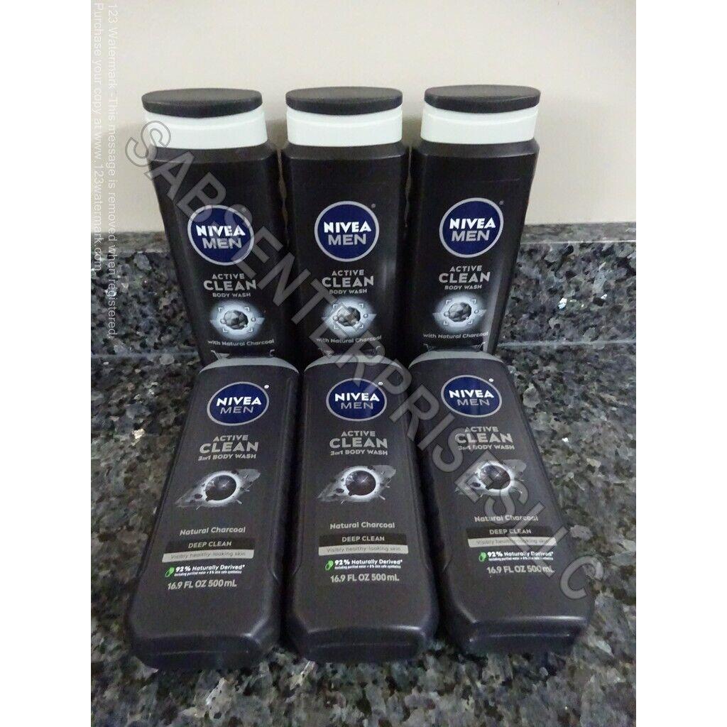 6 Nivea Men Active Clean 3in1 with Natural Charcoal Body Wash Washes 16.9 FL oz