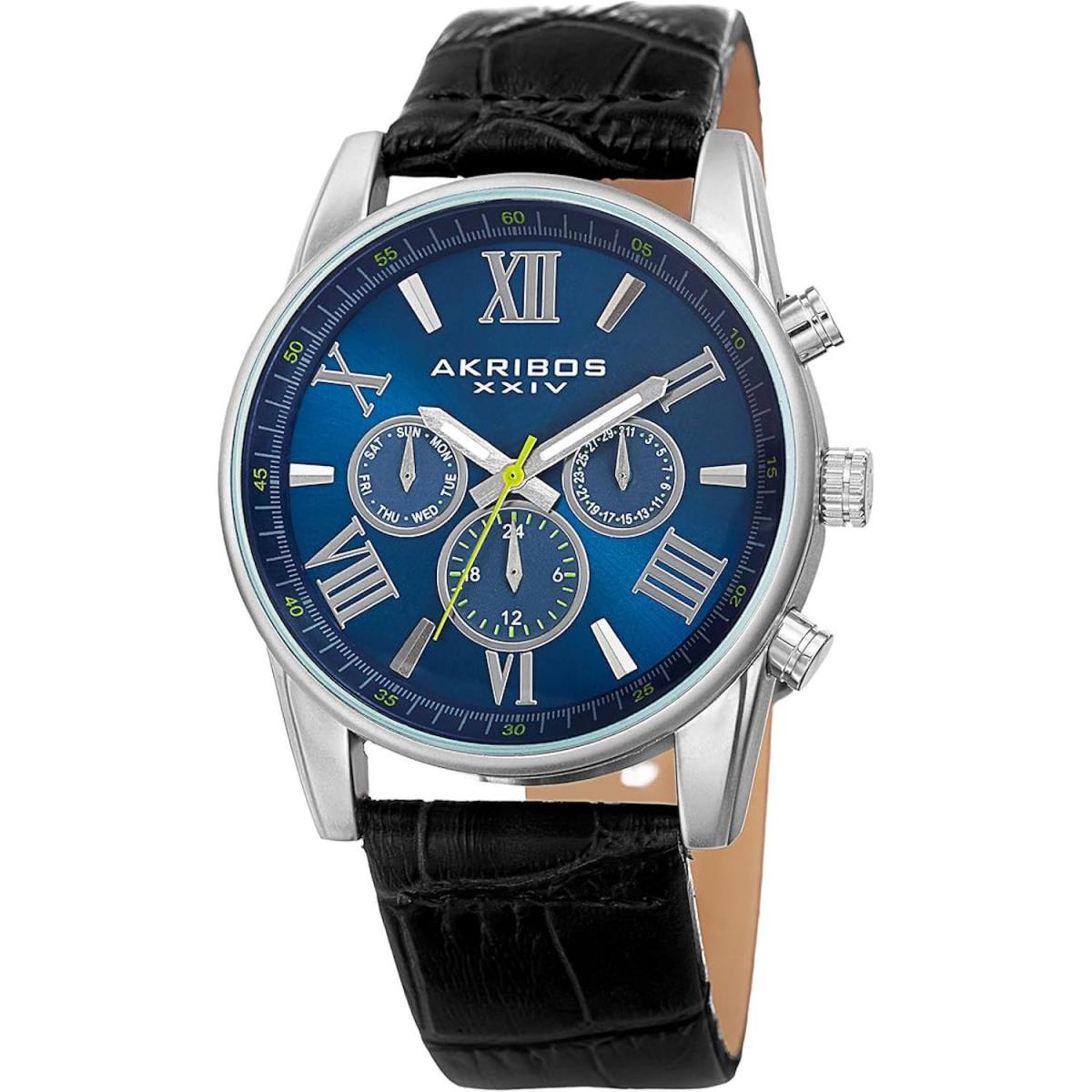 Akribos AK911SSBU Quartz Day Date Gmt Blue Dial Black Leather Strap Mens Watch