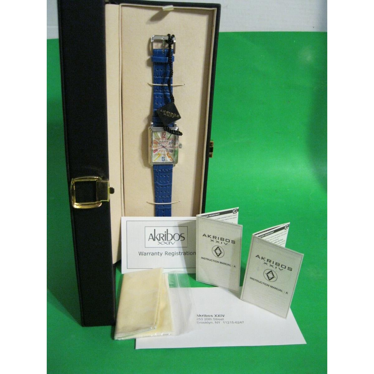 Akribos Xxiv Swiss Quartz Stainless Watch Blue Leather Band Manuals and Case