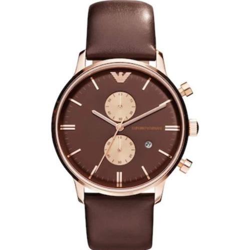 Emporio Armani Brown Leather Band Men`s Watch AR0387 Rose Gold