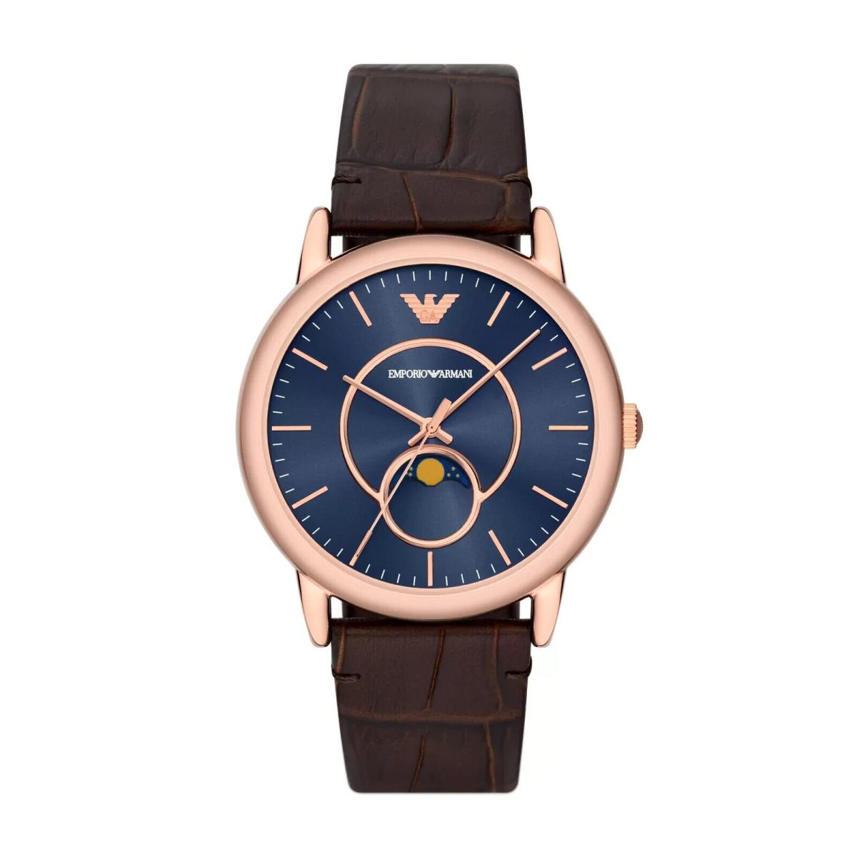 Emporio Armani AR11566 Moonphase Brown Leather Strap Blue Sunray Dial Mens Watch