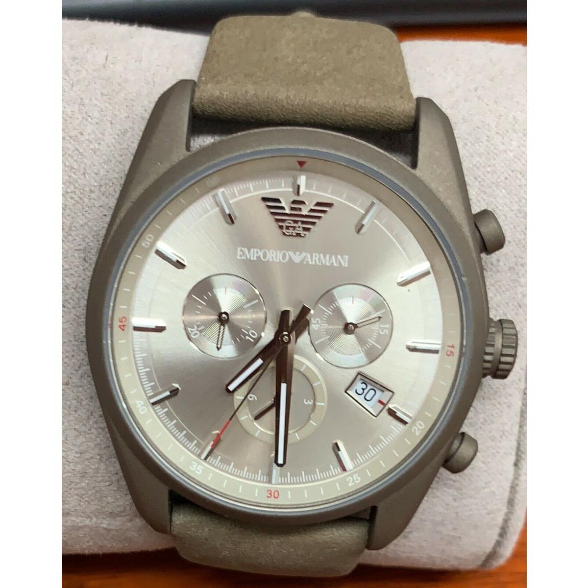 Emporio Armani AR6076 Sportivo Silver Dial Leather Strap Chronograph Men`s Watch