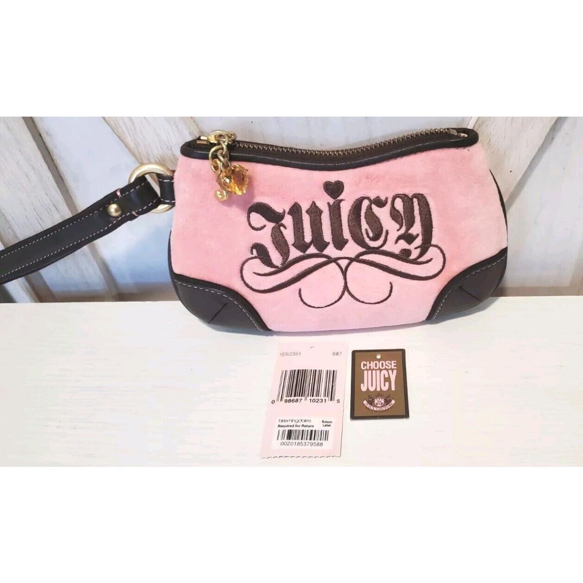 Juicy Couture Vintage Velour Pink Brown Leather Wristlet Zip Bling Y2K Preppy