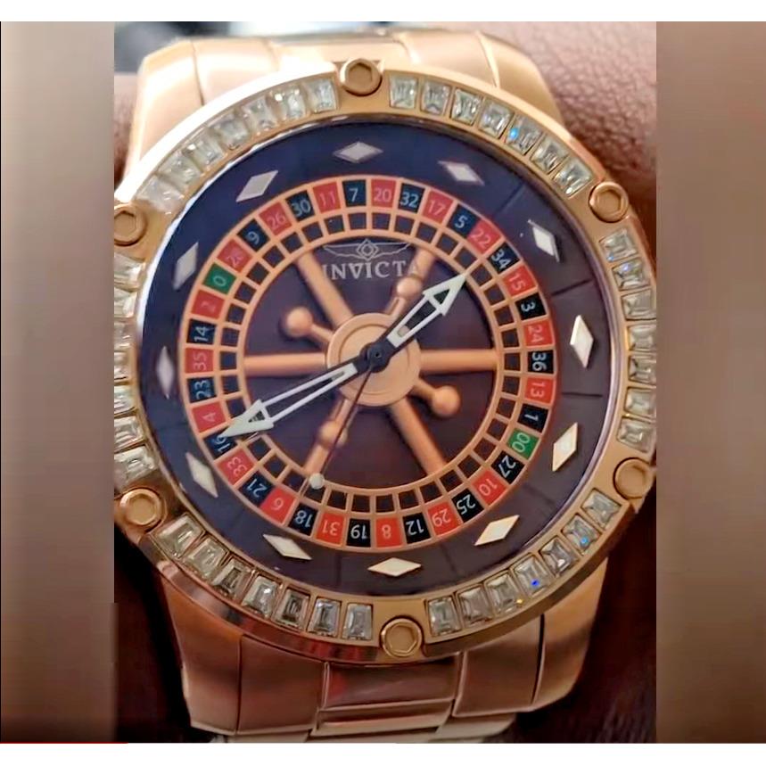 Invicta Specialty Casino Roulette Dial Auto Rose Gold Men Crsytal Watch 28714 - Dial: Multicolor, Red, Band: Pink, Bezel: Rose Gold