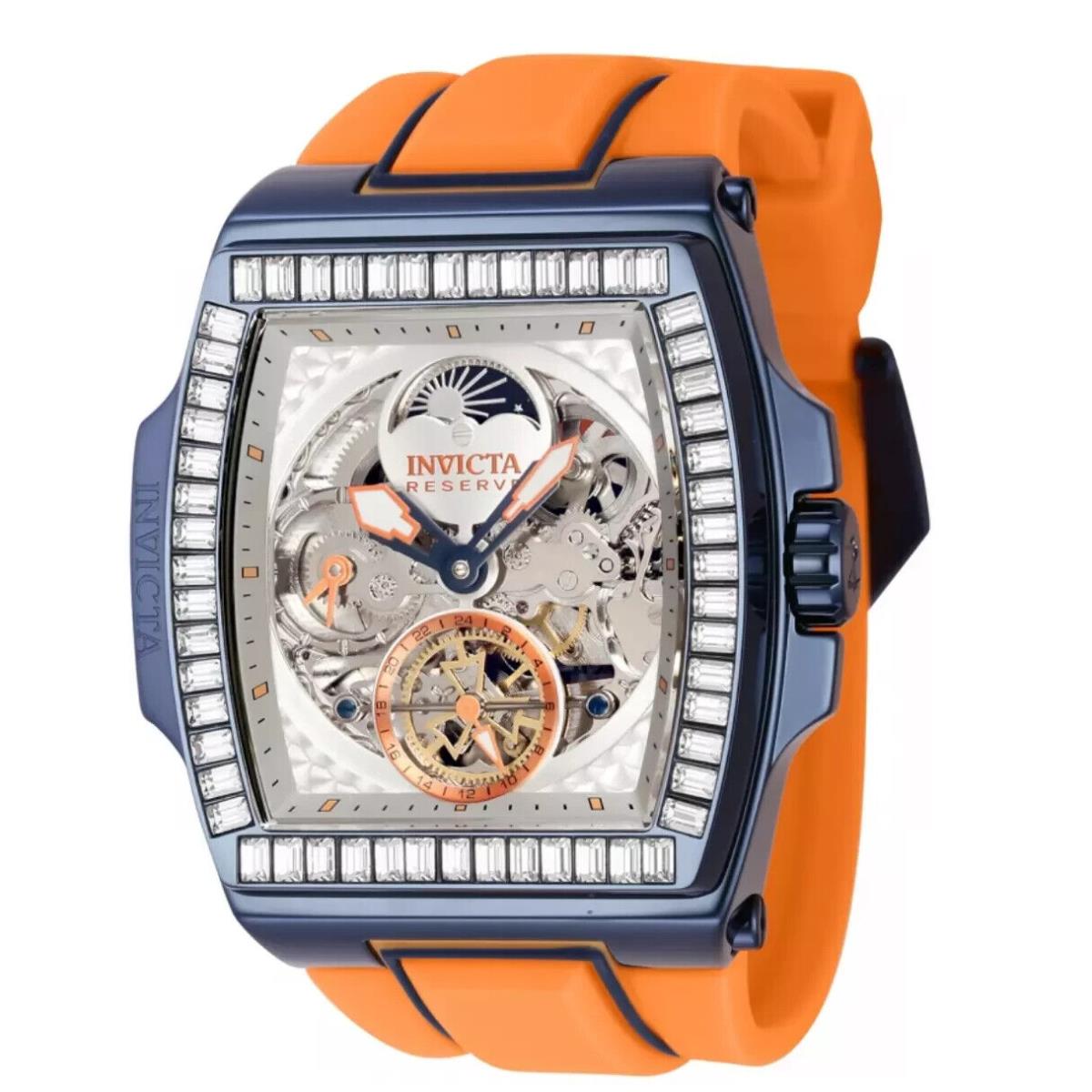 Invicta Reserve 43432 S1 Rally 51mm Dual Time Automatic Exhibition Back Watch - Dial: Blue, Silver, Band: Orange, Bezel: Blue