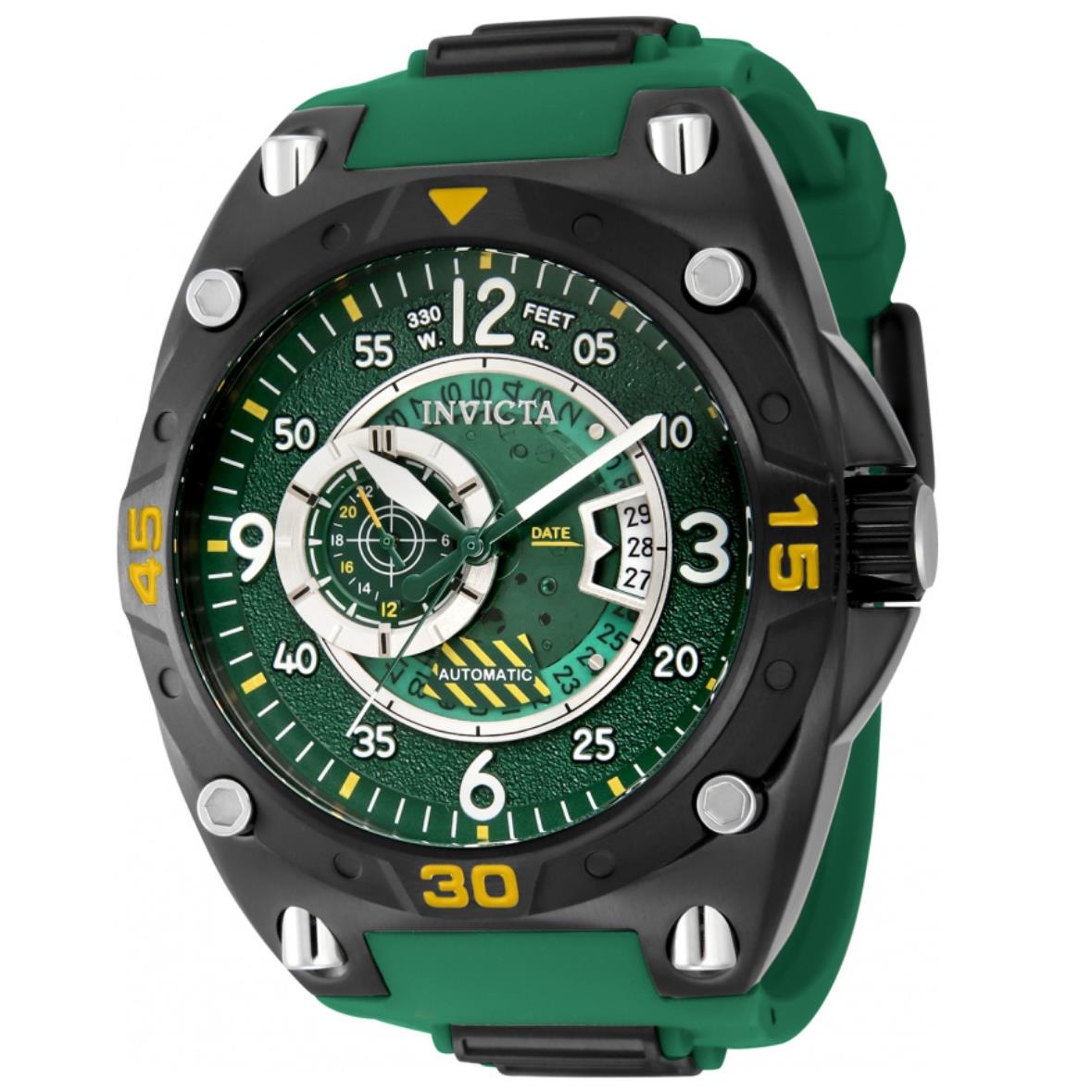 Invicta Aviator Pilot Miyota Automatic Men`s 50mm Green and Black Watch 40282 - Dial: Black, Green, Multicolor, Silver, White, Yellow, Band: Green, Bezel: Black, Silver, Yellow