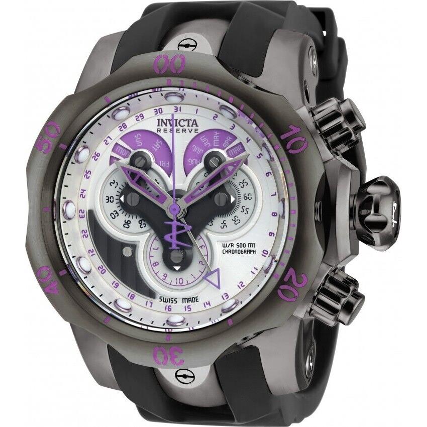 Invicta 54mm Venom Swiss Made 5040.F Master Chrono Black Strap SS Watch - Dial: Purple, White, Band: Black, Bezel: Silver