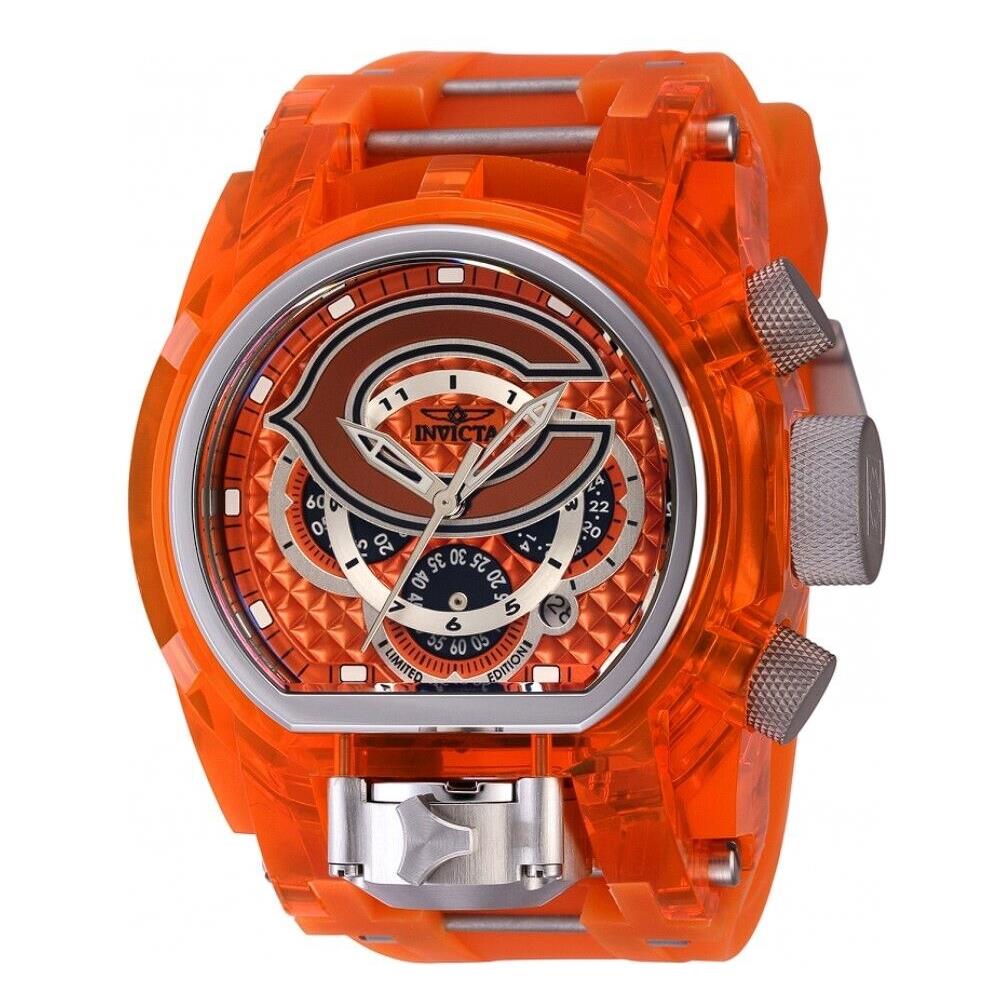 Invicta Nfl Chicago Bears Men`s 52mm Magnum Dual Time Limited Watch 41542 - Dial: Black, Gray, Multicolor, Orange, Silver, Band: Orange, Bezel: Clear, Orange, Silver