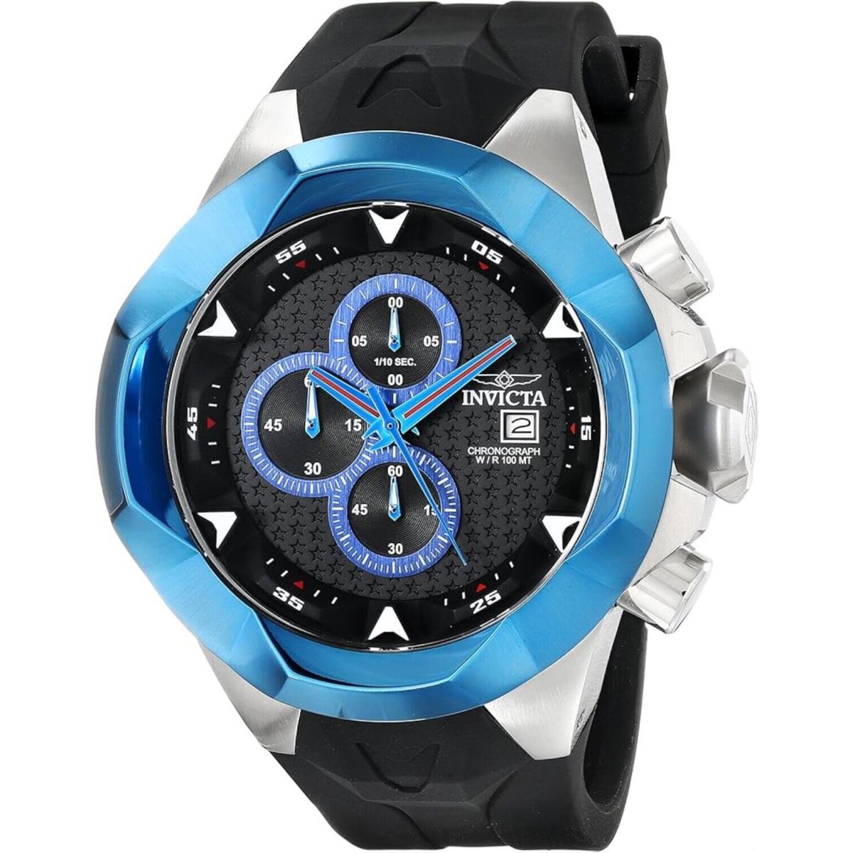 Invicta 16907 50mm I Force Chronograph Date Blue Bezel Silicone Strap Mens Watch - Dial: Black, Band: Black, Bezel: Blue