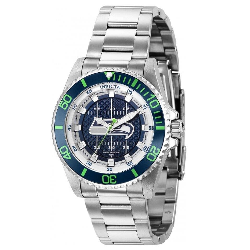 Invicta Nfl Seattle Seahawks Lady Women`s 38mm Stainless Quartz Watch 36926 - Dial: Blue, Silver, White, Band: Silver, Bezel: Blue, Green