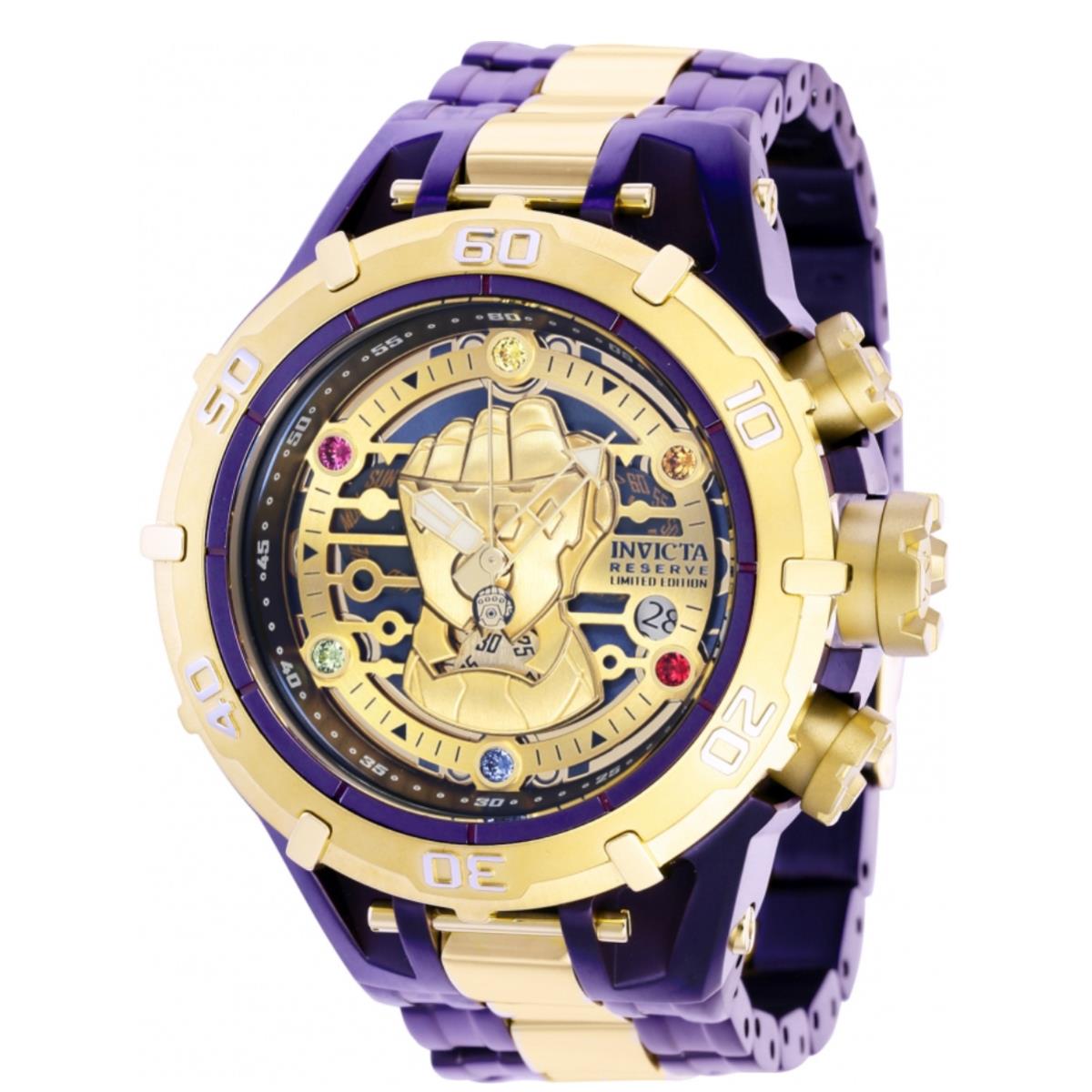 Invicta Marvel Thanos Infinity Stones Mens 54mm Limited Edition 002 Watch 41556 - Dial: Blue, Gold, Multicolor, Purple, Yellow, Band: Gold, Purple, Bezel: Gold, Yellow