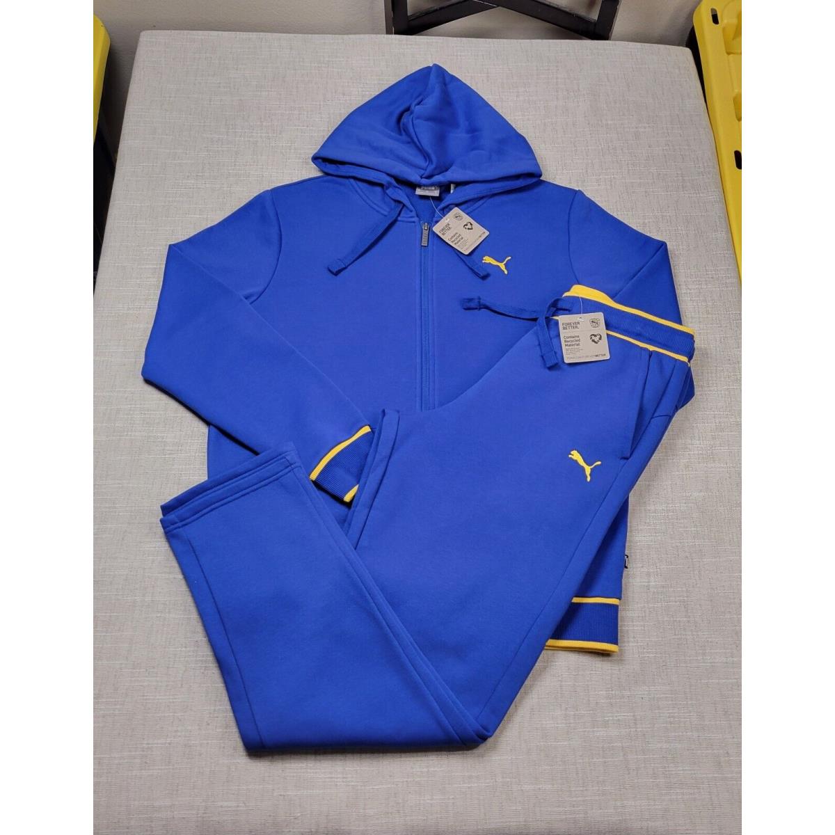 Puma Hoodie Jacket Jogger Pants Set Large Mens Blue Yellow Full Zip Fleece